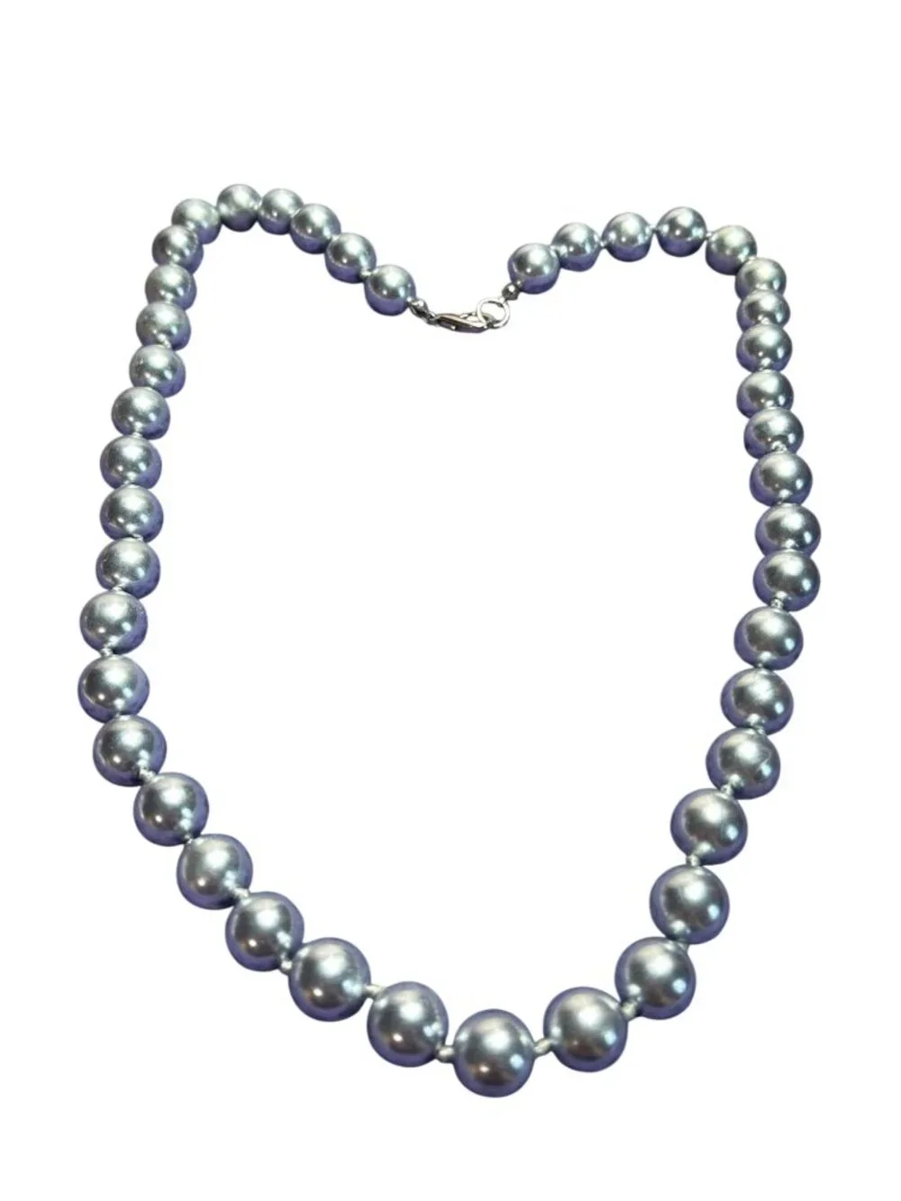Lightweight Blue Grey Glass Faux Pearl Beaded Necklace Knotted Lobster Clasp